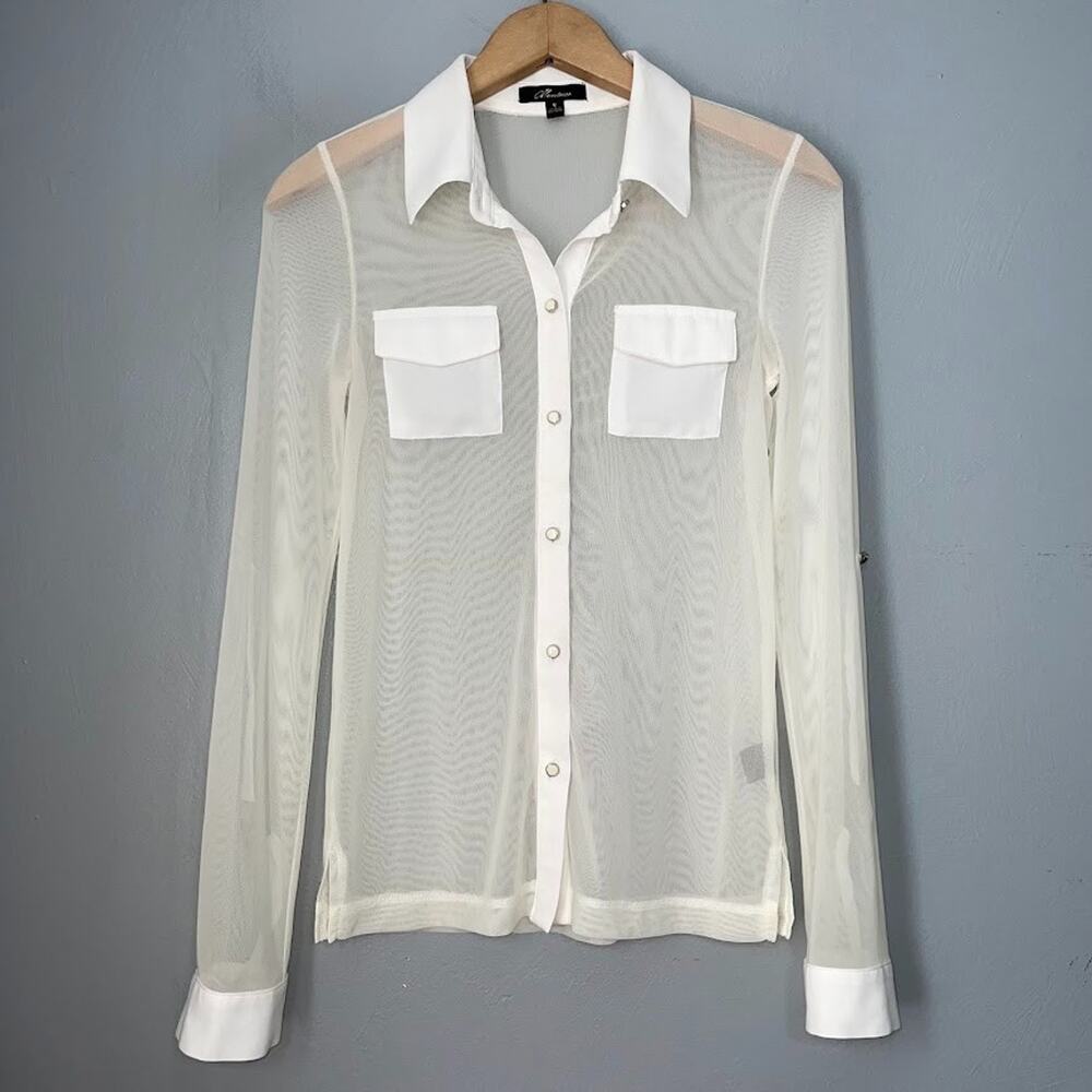 Monteau Sheer Mesh Shirt Juniors Size Small Cream Button Up Office Siren Top